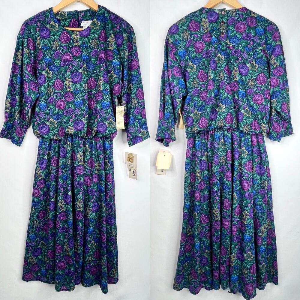 Vintage NWT Stuart Allen Petites Blue Floral Long Sleeve Dress 12/M